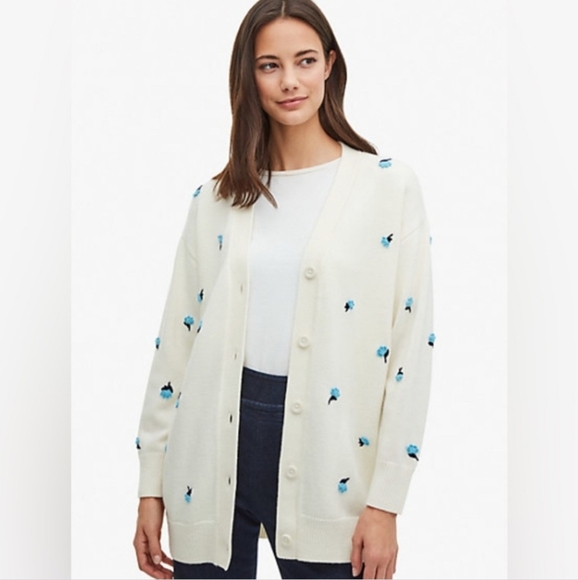 Kate Spade Dainty Bloom Applique Blue And Cream Cardigan Size XS - Picture 1 of 8